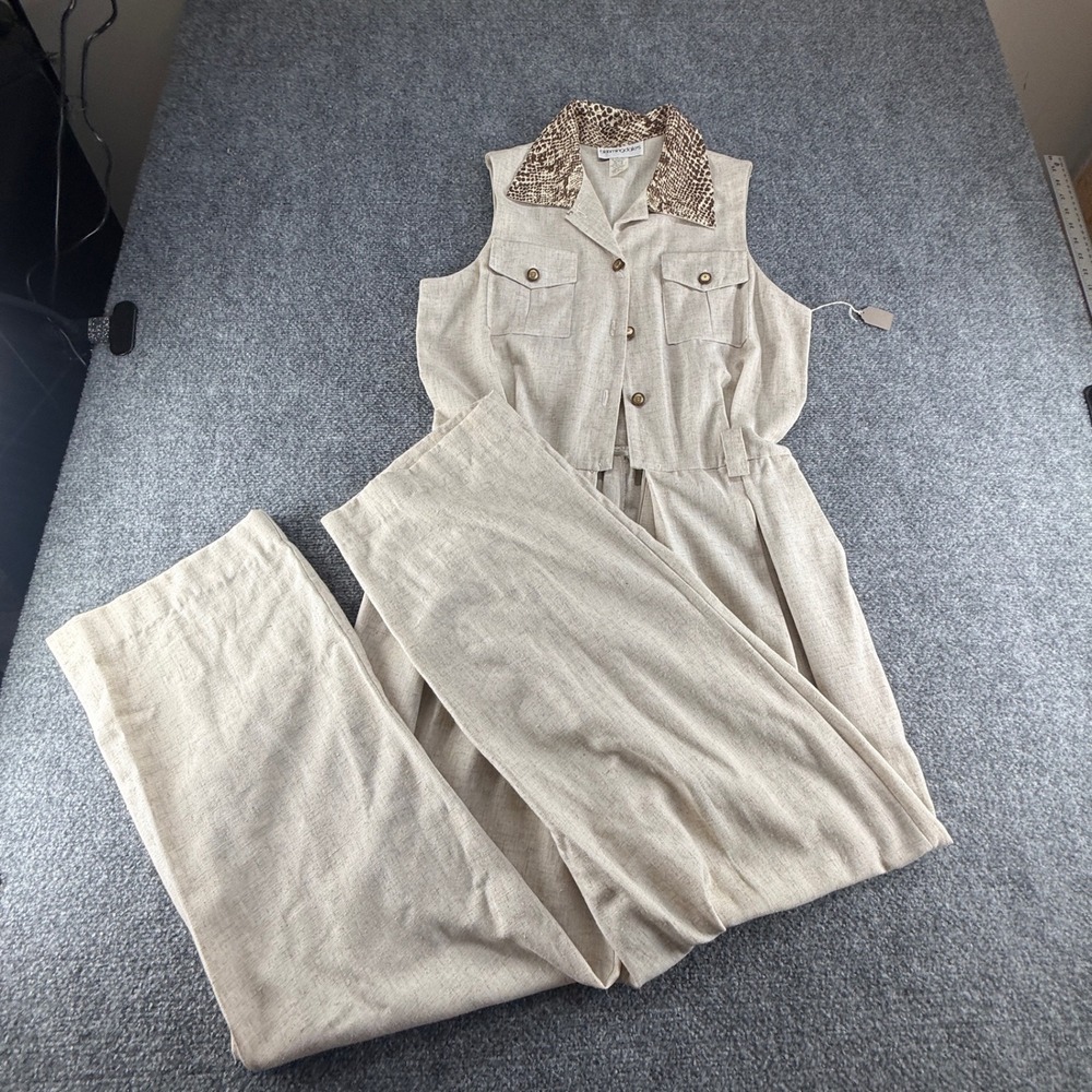 Vintage Bloomingdales Linen Blend Safari Jumpsuit Beige Snakeskin Collar Sz 14